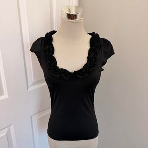 Y2K BLACK VOL. 1 RUFFLED NECKLINE‎ CAP SLEEVE BLOUSE TOP
